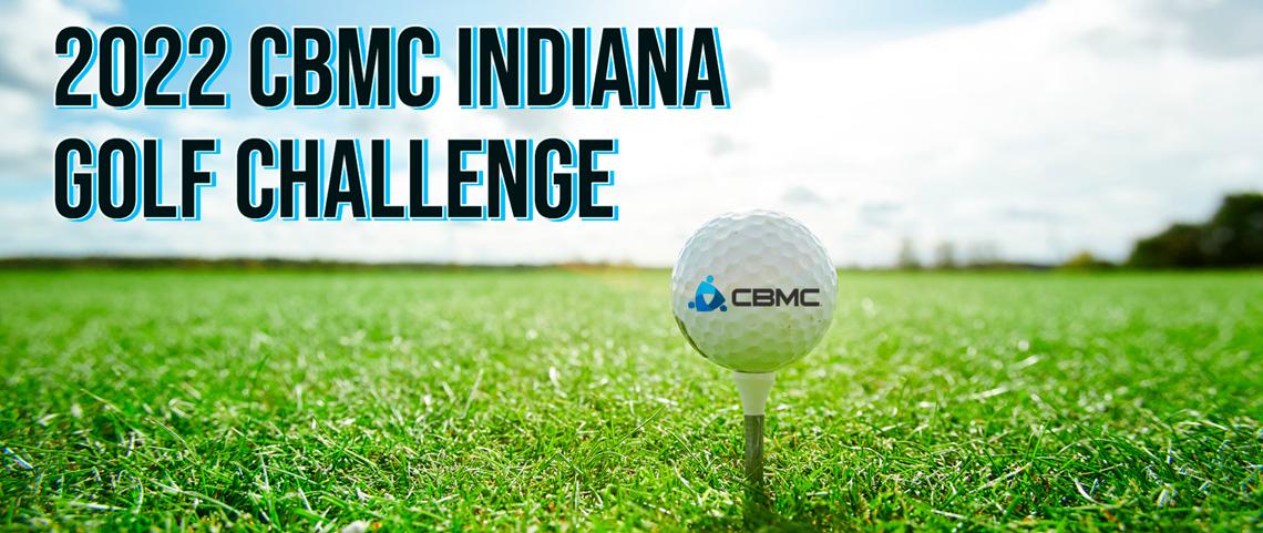 Golf tee on green grass with 2022 CBMC Indiana Golf Challenge text